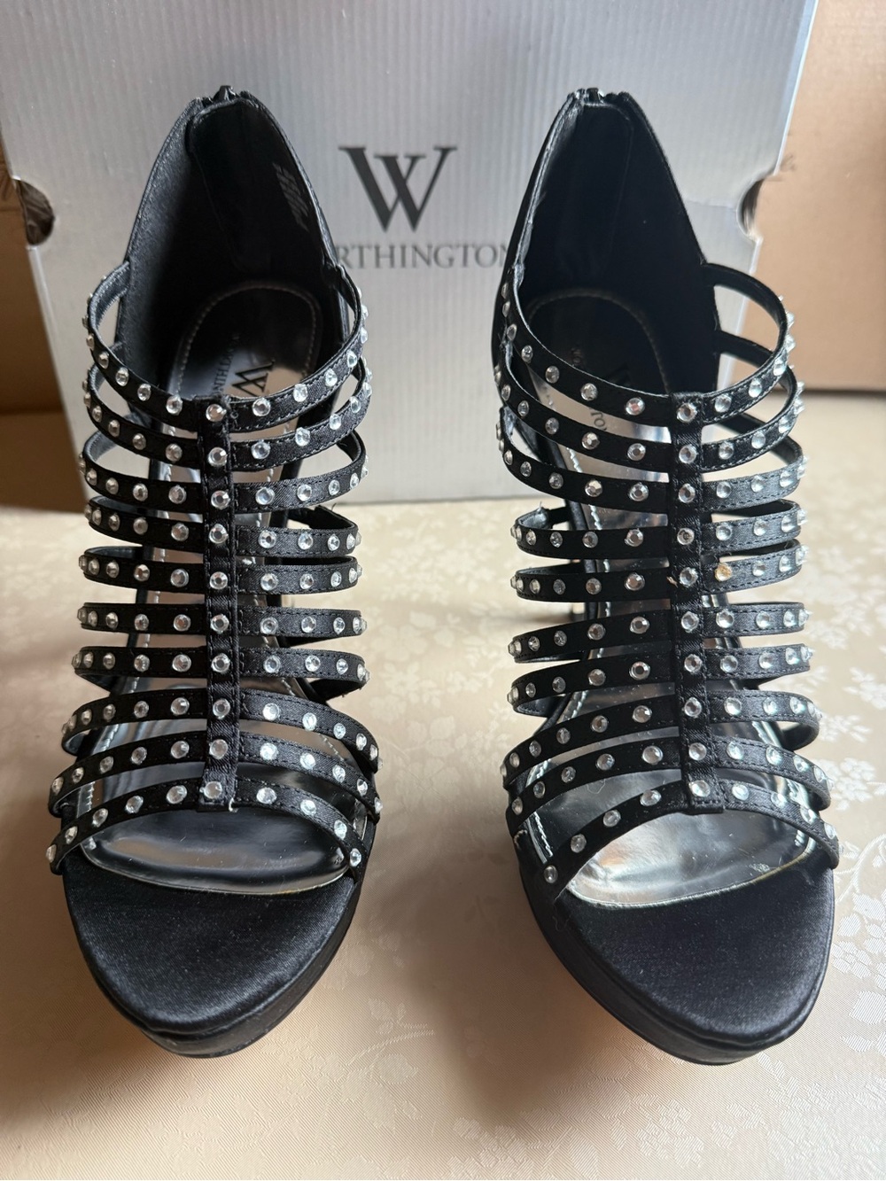 NIB Worthington Black Rhinestones Strappy Heeled Sandals 7.5